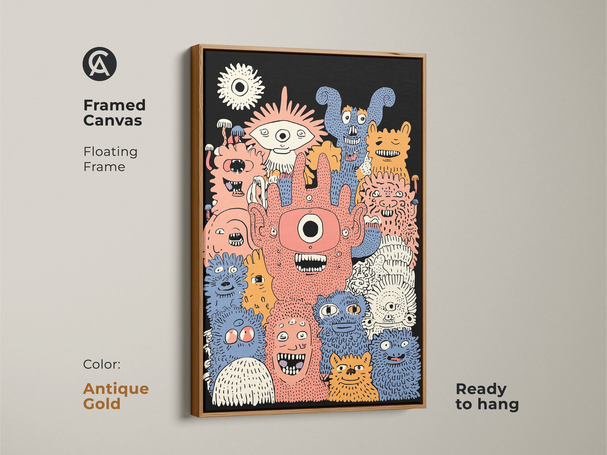 Framed canvas artwork showcasing doodle style monsters. It has an antique gold floating frame and is ready to hang. This eclectic kids room decor features coral orange and blue art. It is a unique monster illustration for children.