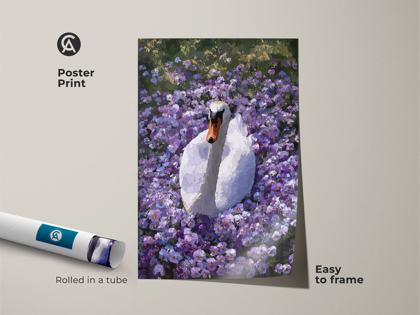 The Botanical Swan art is displayed as a poster print rolled in a tube. This purple floral wall art features an impressionist style. It is easy to frame. It is the perfect gift for nature lovers.