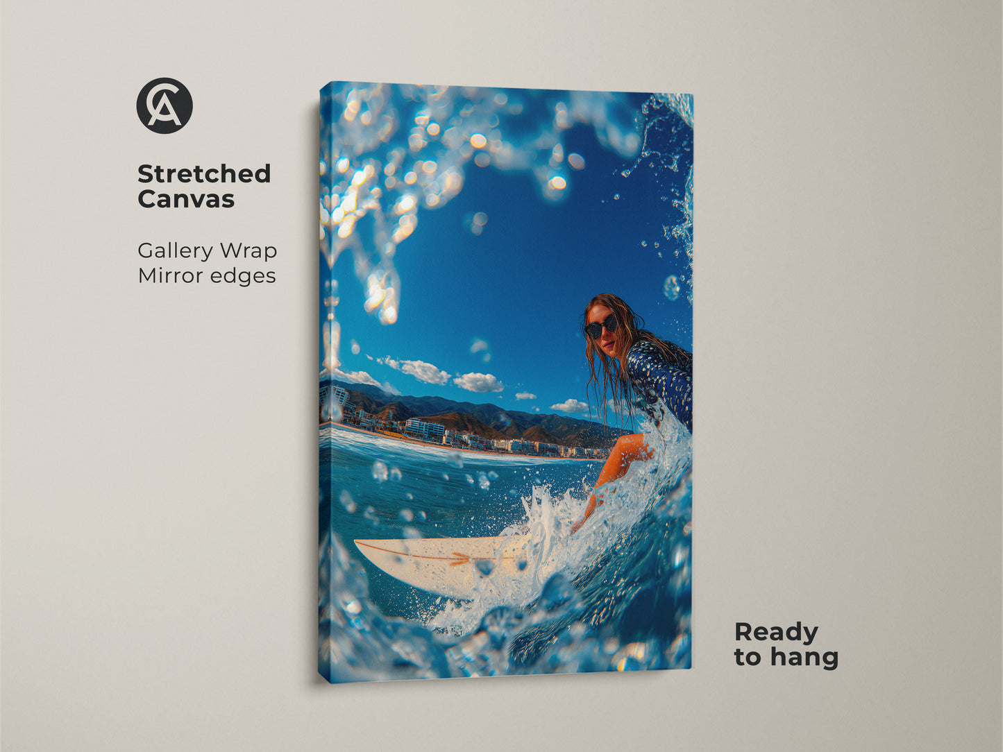 A surfer art print on stretched canvas. Experience the thrill of riding waves with this unique piece. The gallery wrap and mirror edges add a polished look. Ready to hang this artwork will transform your space with its dynamic energy and vibrant coastal scene.