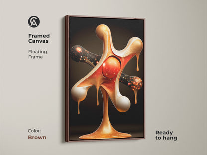 Framed in a brown floating frame this canvas art print features an abstract nebula in gold and red. The cosmic office artwork is ready to hang enhancing your space with contemporary fluid art. This surreal galaxy wall art adds a unique celestial touch to your decor. It is perfect for sci-fi enthusiasts.