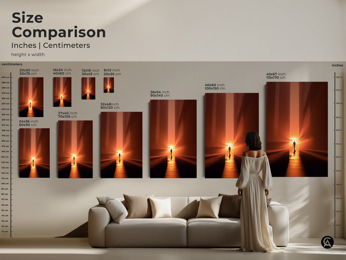 Size comparison of minimalist cityscape canvases and posters. See how the artwork fits above a couch. Visualize the impact of different sizes in inches and centimeters. Enhance your living space with amber orange contemporary art.