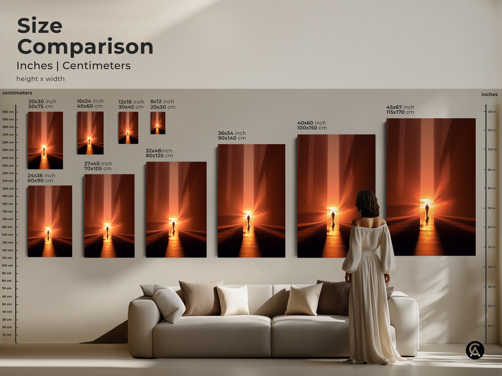 Size comparison of minimalist cityscape canvases and posters. See how the artwork fits above a couch. Visualize the impact of different sizes in inches and centimeters. Enhance your living space with amber orange contemporary art.