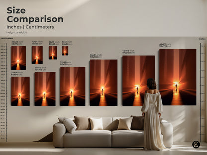 Size comparison of minimalist cityscape canvases and posters. See how the artwork fits above a couch. Visualize the impact of different sizes in inches and centimeters. Enhance your living space with amber orange contemporary art.