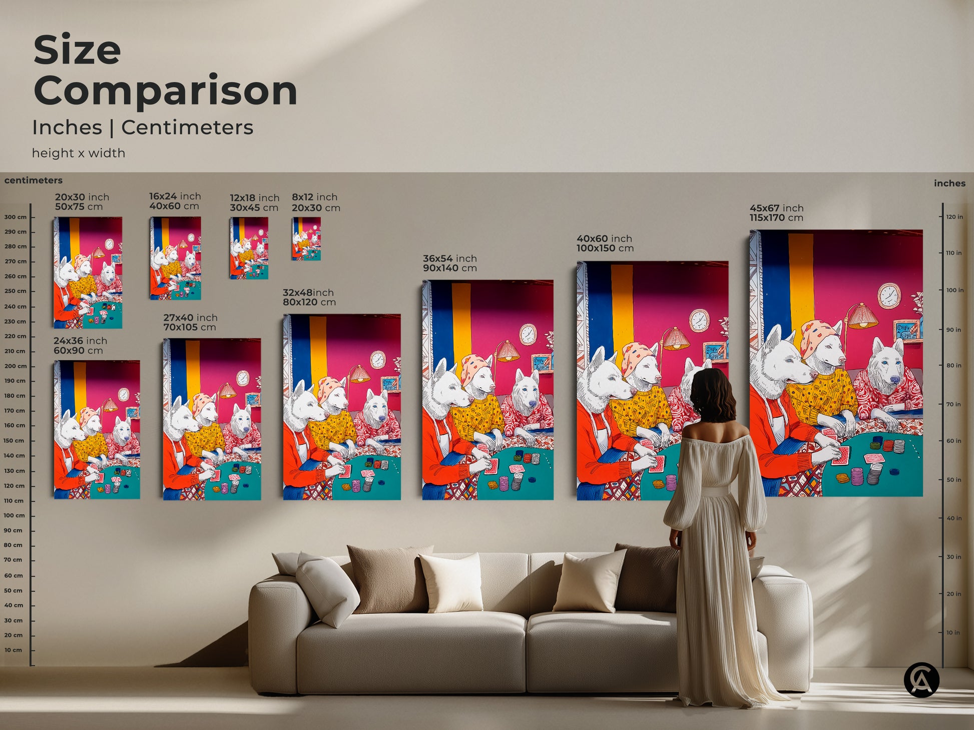 See sizes of dog poker art in inches and centimeters. Sizes range from small to extra-large. This size comparison helps you visualize the art in your living room. Find the perfect fit for your space.