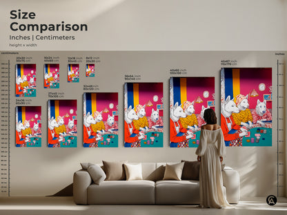 See sizes of dog poker art in inches and centimeters. Sizes range from small to extra-large. This size comparison helps you visualize the art in your living room. Find the perfect fit for your space.
