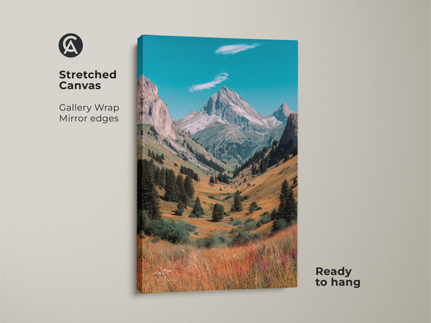 Stretched canvas art featuring a mountain valley. The artwork showcases a clear blue sky and a meadow in bloom. It is ready to hang with gallery wrapped mirrored edges for a museum-quality look.