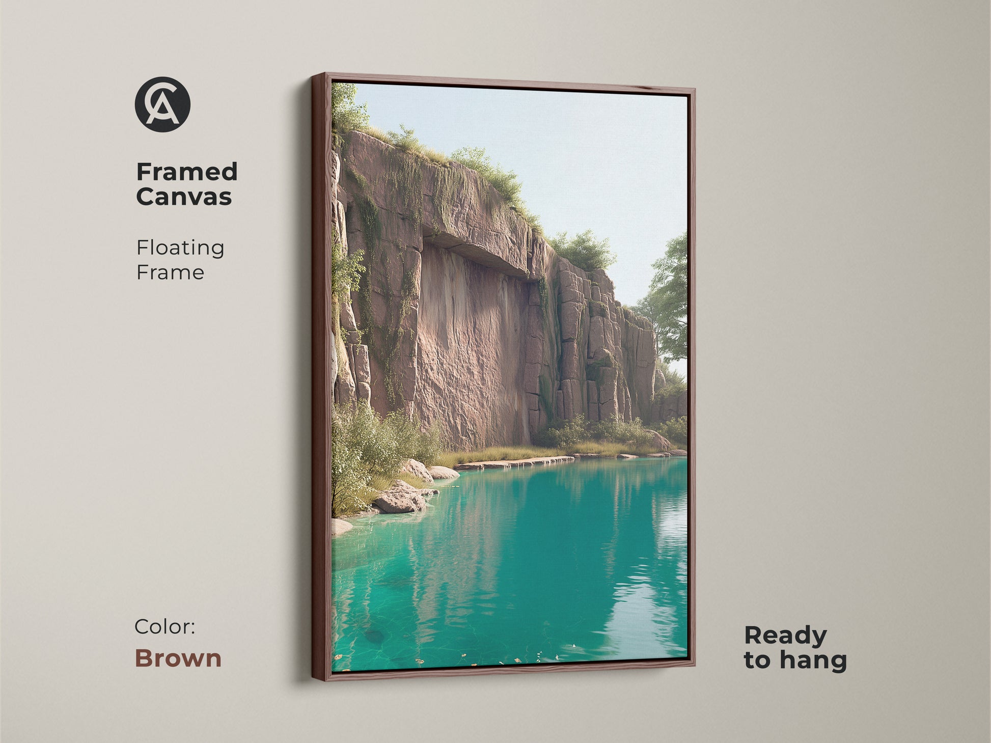 Framed canvas art in a brown floating frame. It features a stunning turquoise lake and cliff landscape. This nature scenery canvas art enhances any space. Ready to hang for easy installation. A perfect housewarming gift for nature lovers. The realistic cliff face artwork is calming and serene.