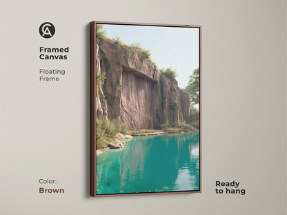 Framed canvas art in a brown floating frame. It features a stunning turquoise lake and cliff landscape. This nature scenery canvas art enhances any space. Ready to hang for easy installation. A perfect housewarming gift for nature lovers. The realistic cliff face artwork is calming and serene.