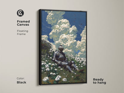 Framed canvas art showcases a medieval knight in a flower field. The black floating frame accentuates the artwork. This fantasy art is ready to hang. It's perfect for home decor.