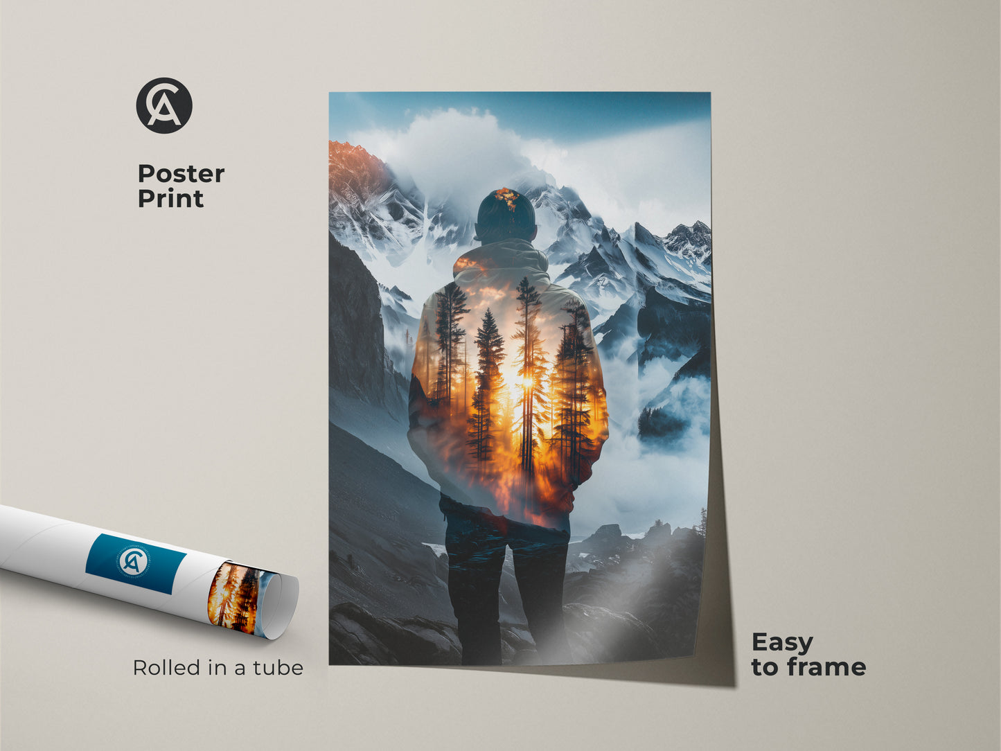 Poster print featuring a double exposure art of a man in a hoodie. A sunset forest painting merges with a mountain background. Easy to frame abstract art for wilderness wall hanging. The rolled in tube makes a great hiking mountain artwork gift.