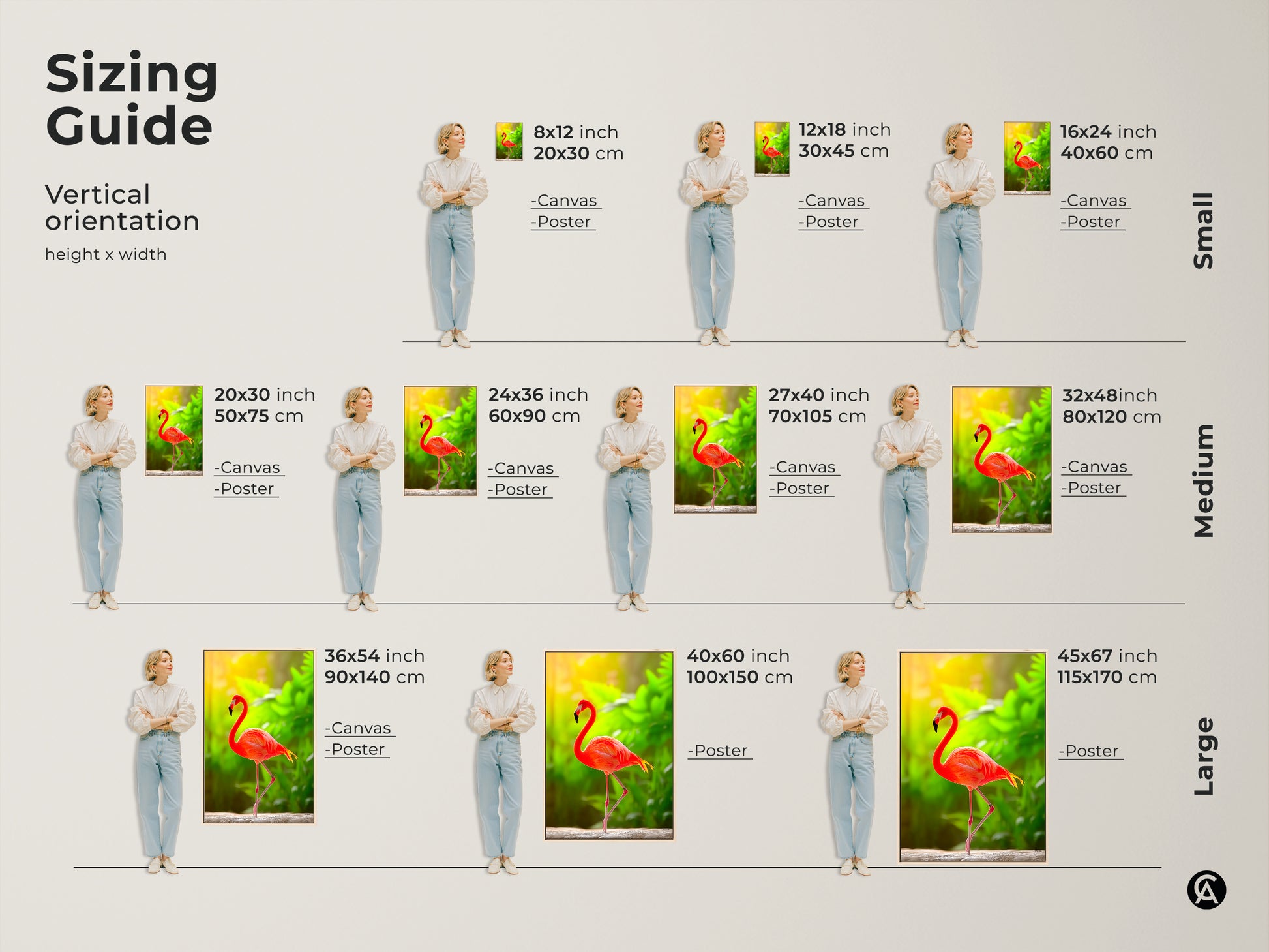 Sizing guide for vertical flamingo artwork. Visualize canvas and poster sizes. Small options include 8x12 and 16x24 inches. Medium sizes range from 20x30 to 32x48 inches. Large sizes go up to 45x67 inches. Find the perfect fit for your space.