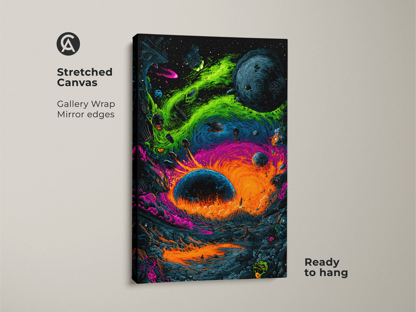 Elevate your space with this stretched canvas art. It showcases a mesmerizing space scene. This gallery-wrapped canvas features mirror edges for a seamless look. The vivid colors and intricate details bring this alien landscape to life. Ready to hang this artwork adds a touch of cosmic wonder to your home decor.