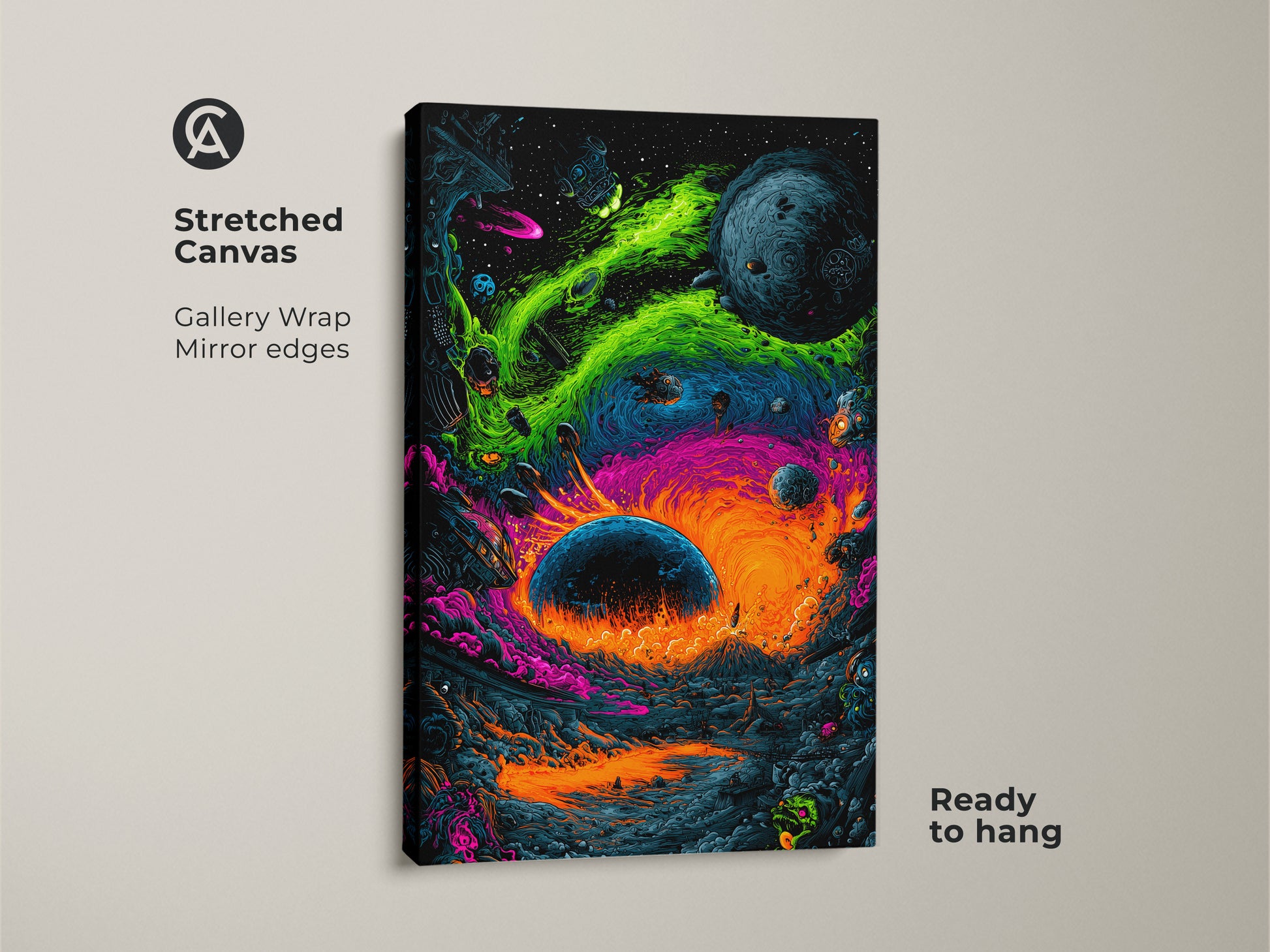 Elevate your space with this stretched canvas art. It showcases a mesmerizing space scene. This gallery-wrapped canvas features mirror edges for a seamless look. The vivid colors and intricate details bring this alien landscape to life. Ready to hang this artwork adds a touch of cosmic wonder to your home decor.