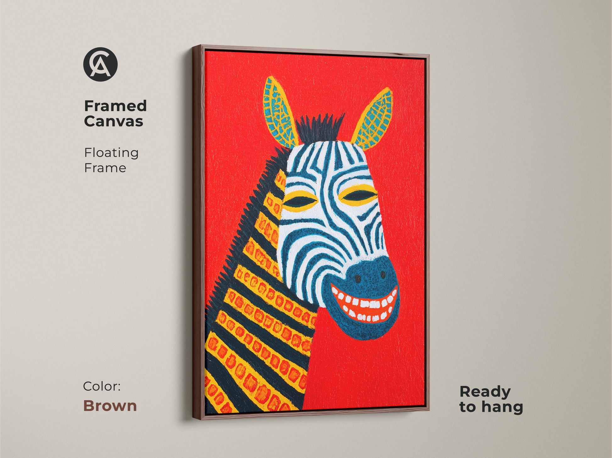 This is an abstract zebra artwork in a brown framed canvas. It is a folk style animal print for a kids room. This red and blue nursery decor is ready to hang. The playful zebra face is a unique animal gift. Brighten your walls with this canvas