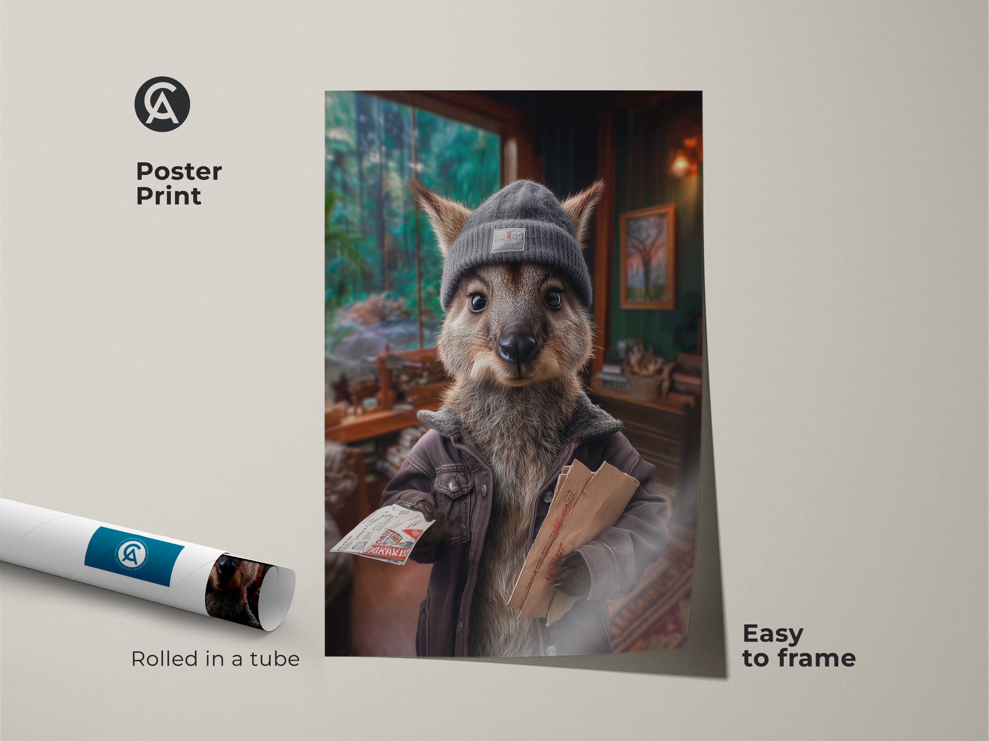 The Kangaroo Postman Poster Print comes rolled in a tube making it easy to frame. The whimsical animal art is perfect for eclectic home decor. This unique animal portrait adds a touch of quirk to any wall a great birthday gift.