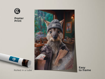 The Kangaroo Postman Poster Print comes rolled in a tube making it easy to frame. The whimsical animal art is perfect for eclectic home decor. This unique animal portrait adds a touch of quirk to any wall a great birthday gift.