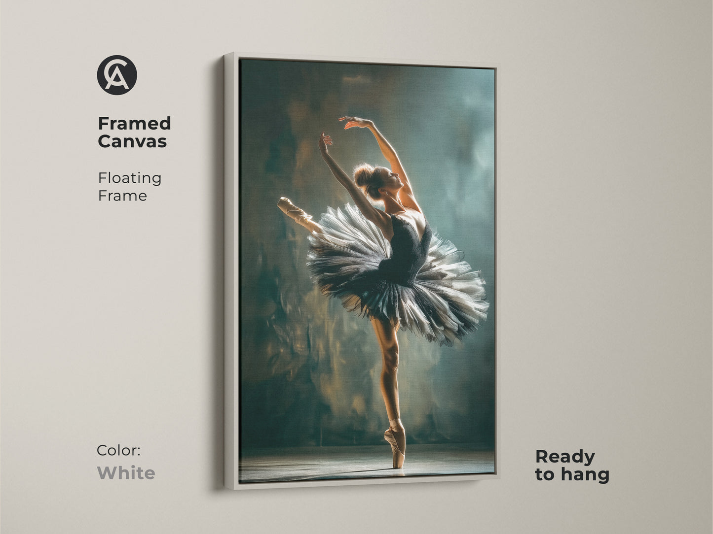 White framed canvas of a ballerina. The ballerina is wearing a black tutu. This floating frame canvas art is ready to hang. The perfect touch of elegance for your home or studio. A stylish piece for art collectors.