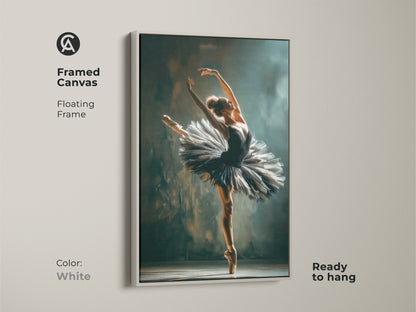 White framed canvas of a ballerina. The ballerina is wearing a black tutu. This floating frame canvas art is ready to hang. The perfect touch of elegance for your home or studio. A stylish piece for art collectors.