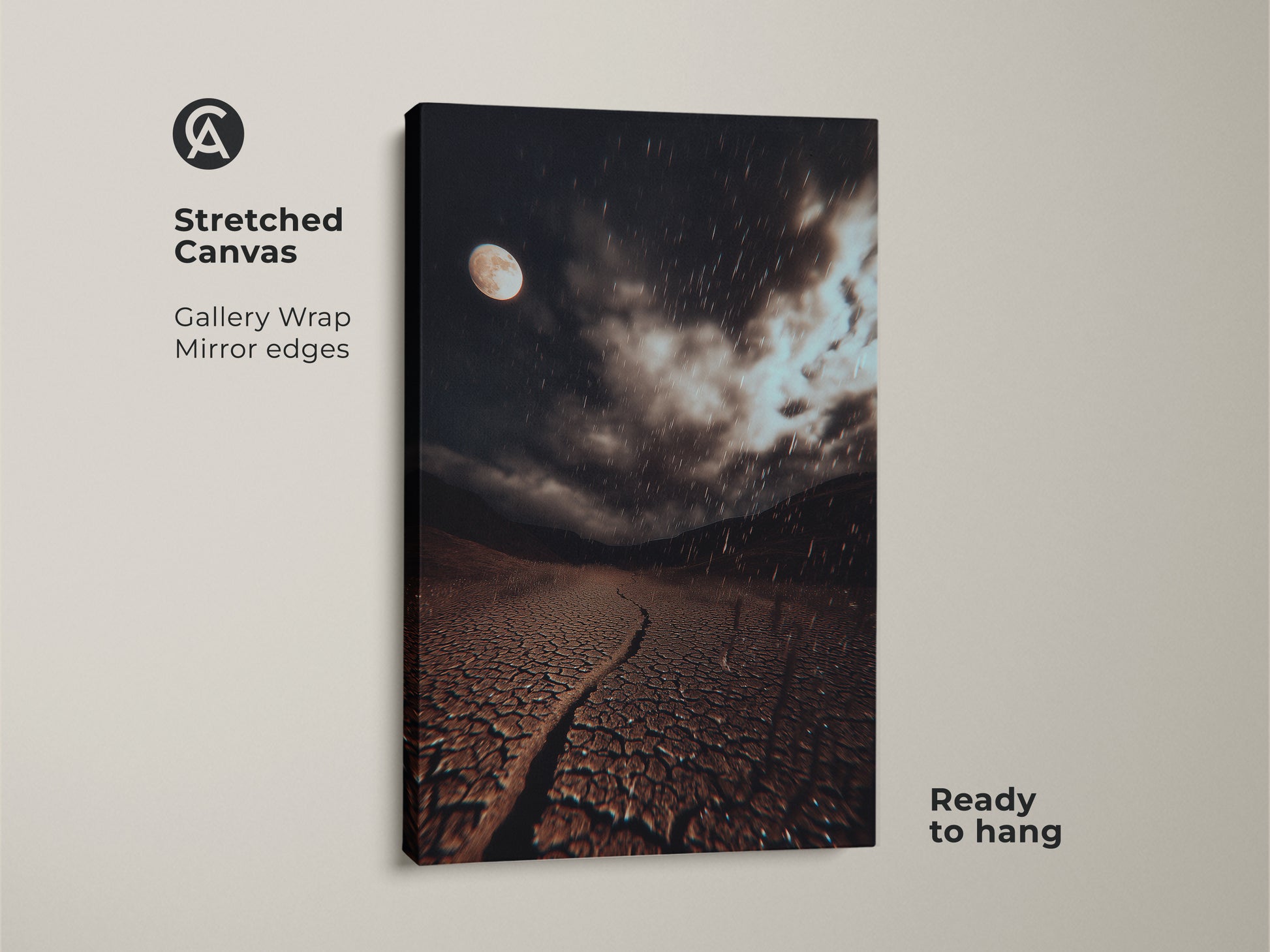 Stretched Canvas of a surreal moonlit desert landscape. Dark brown cracked earth art with a grey atmospheric night sky. This is rainy night moon phase canvas artwork. Ready to hang.