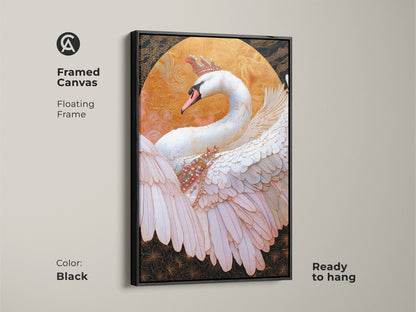 Black Framed Canvas with a crowned swan. It adds a touch of royalty to any room. Regal swan wall art. Fantasy bird artwork makes a great swan lover gift. Gold and white swan makes for opulent wall hanging. This is ready to hang for easy install.