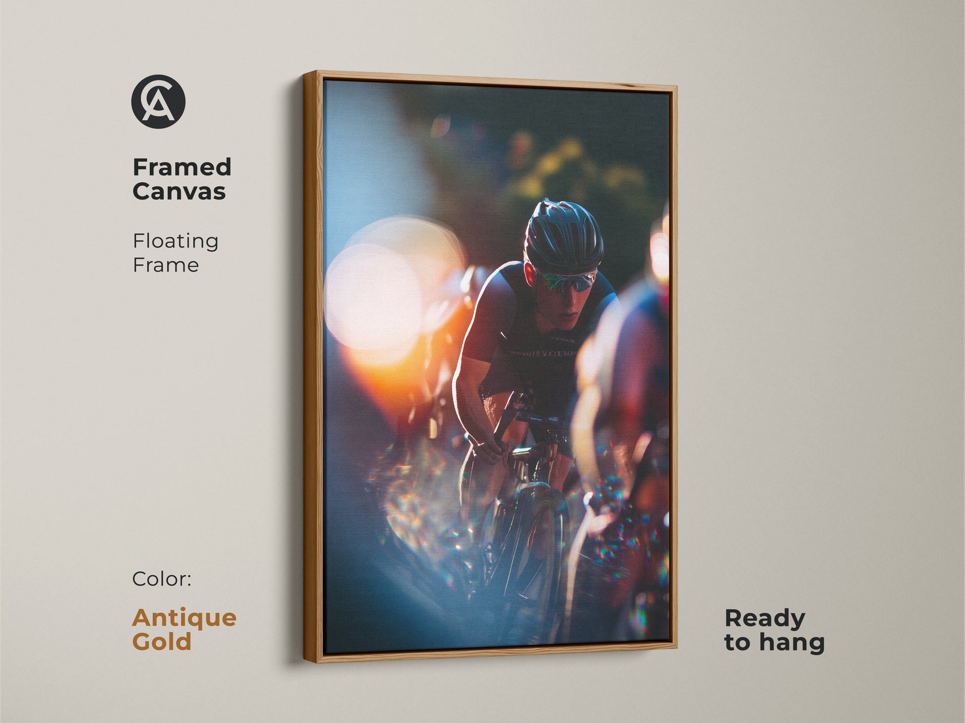 Framed canvas print of a cycling race. Antique gold floating frame adds a classic touch. Ready to hang and bring energy to your space. Action-packed sports art in orange and blue. Motivational wall decor for cycling lovers. Contemporary artwork.