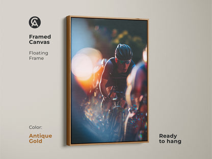 Framed canvas print of a cycling race. Antique gold floating frame adds a classic touch. Ready to hang and bring energy to your space. Action-packed sports art in orange and blue. Motivational wall decor for cycling lovers. Contemporary artwork.