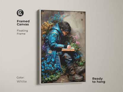 Framed canvas with a floating white frame ready to hang. A young man is reading nestled in forget-me-nots. The artwork brings dark academia charm to your wall. Its surreal style is perfect for eclectic decor. Add a fine art print to your office or study room.