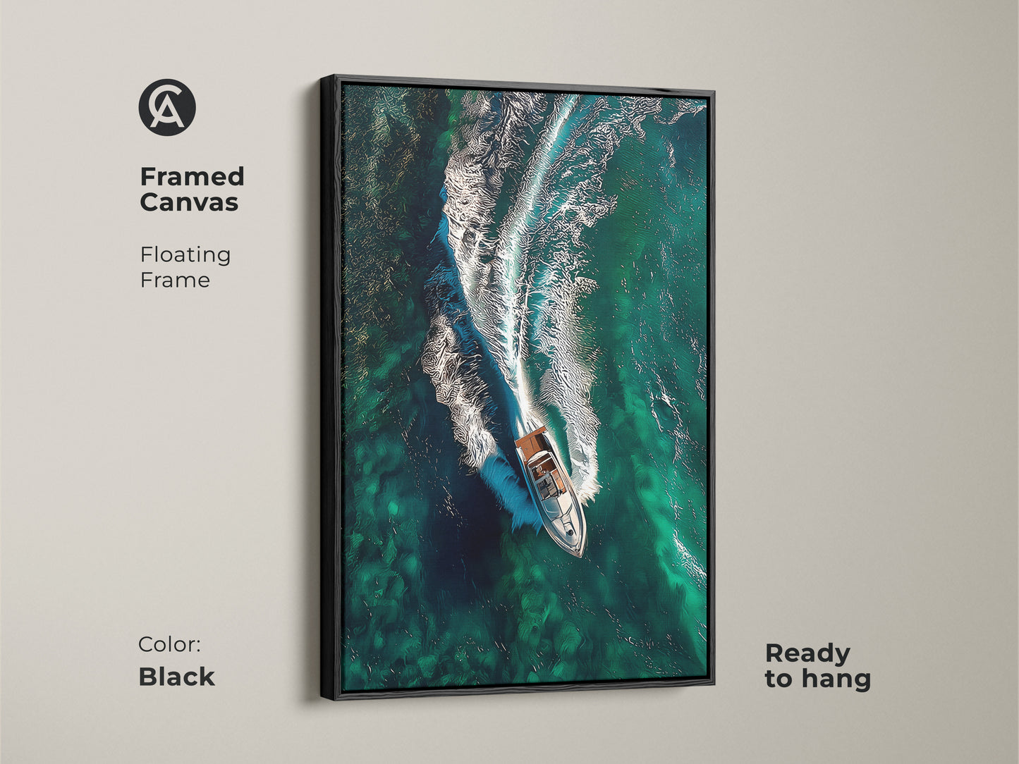 Framed canvas with a black floating frame displaying emerald ocean waves and a speedboat. Ready to hang this aerial view canvas art brings a coastal feel. An ideal gift for captain or boating enthusiasts.