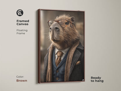 A framed canvas in brown showcases a stylish capybara artwork with glasses and scarf. This tan blue and brown animal portrait offers a humorous refined touch. It is ready to hang making it perfect for a study or office wall.