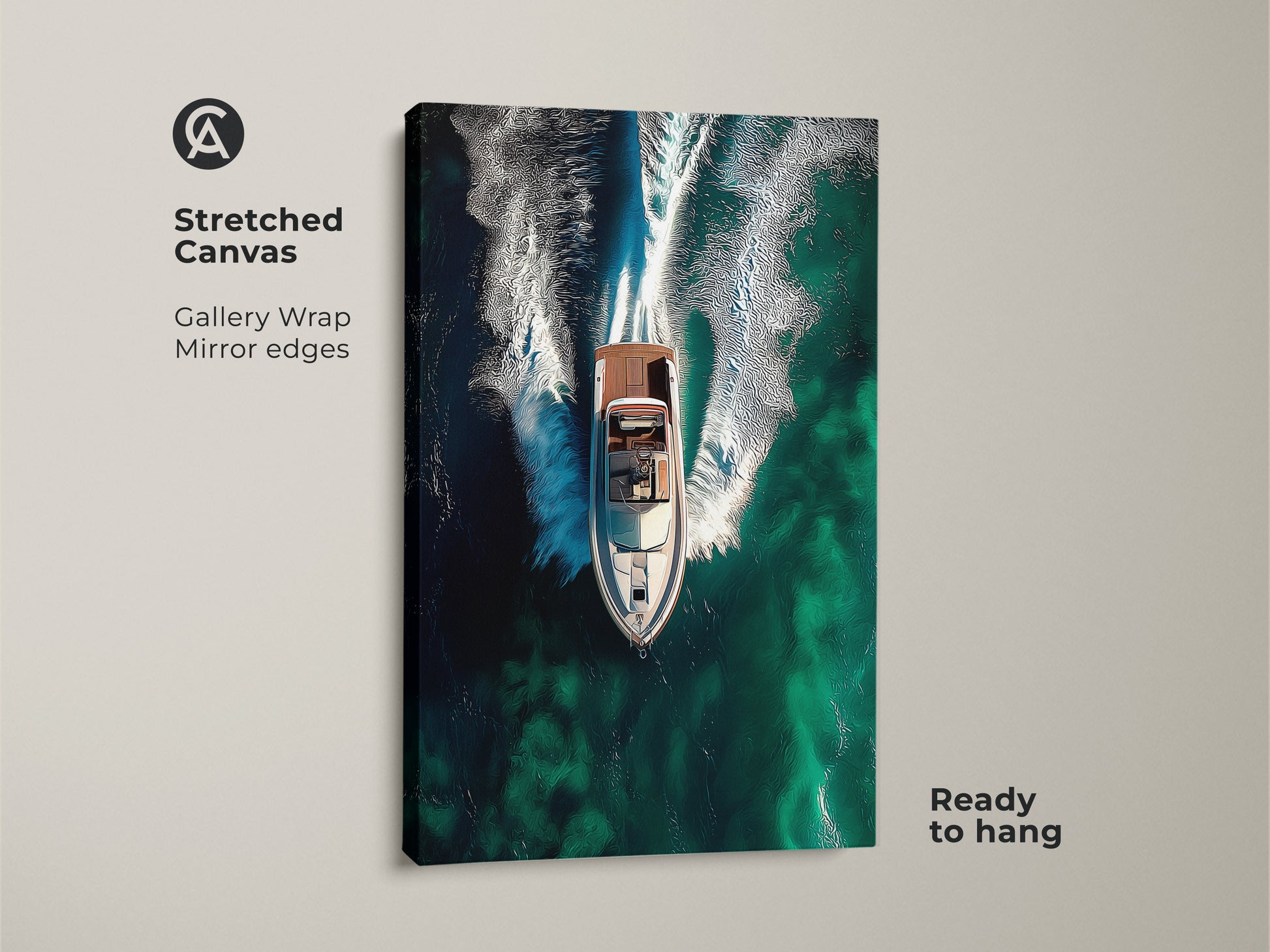 Elevate your space with stretched canvas art. This gallery wrap features a mirror edge. This abstract speedboat canvas print showcases teal ocean waves. It's a modern artwork piece ready to hang. Perfect for contemporary home decor and boating enthusiast gifts.