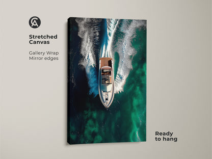 Elevate your space with stretched canvas art. This gallery wrap features a mirror edge. This abstract speedboat canvas print showcases teal ocean waves. It's a modern artwork piece ready to hang. Perfect for contemporary home decor and boating enthusiast gifts.