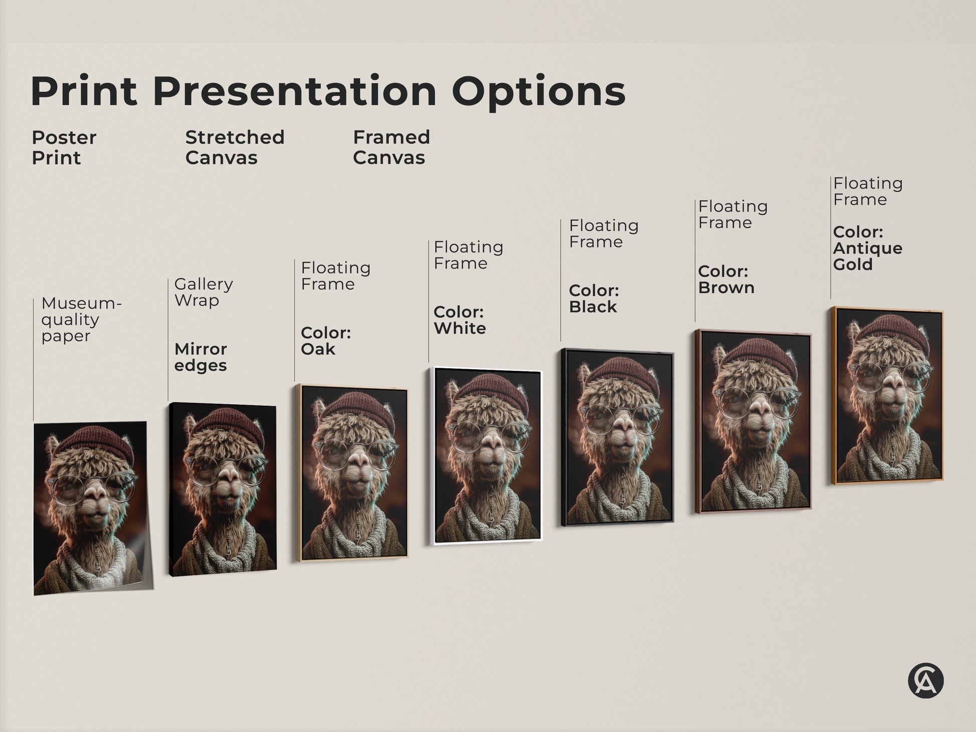 Print presentation options showcasing the Alpaca artwork. Available as a poster a stretched canvas and framed canvas. Various floating frame colors are presented. This is perfect for diverse decor styles.