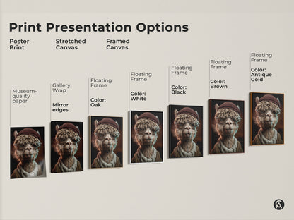 Print presentation options showcasing the Alpaca artwork. Available as a poster a stretched canvas and framed canvas. Various floating frame colors are presented. This is perfect for diverse decor styles.