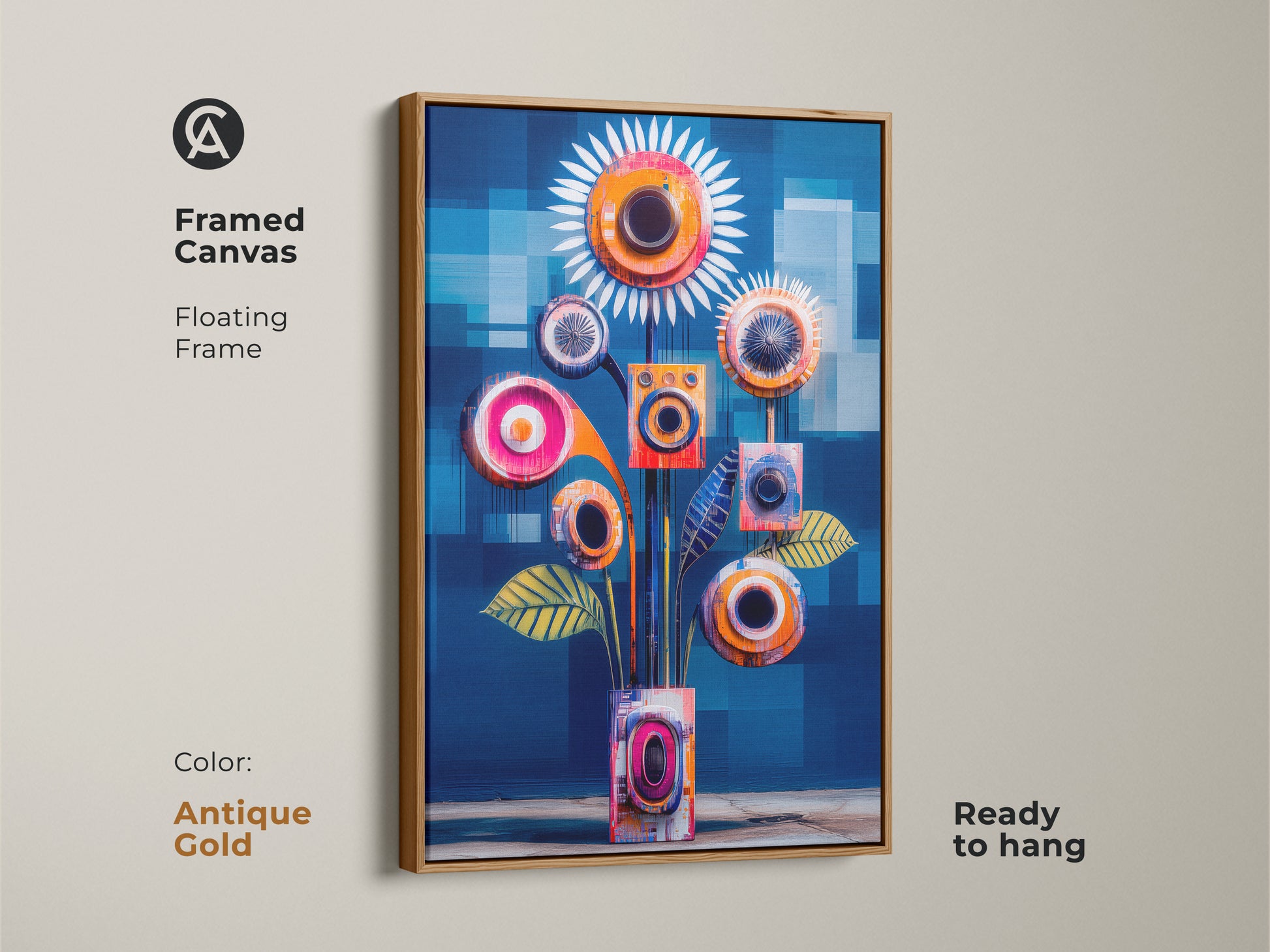 This framed canvas showcases abstract geometric floral artwork in a teal and orange palette. Encased in an antique gold floating frame the mid-century floral decor adds a touch of warmth to any space making it a great addition to your office space wall art.