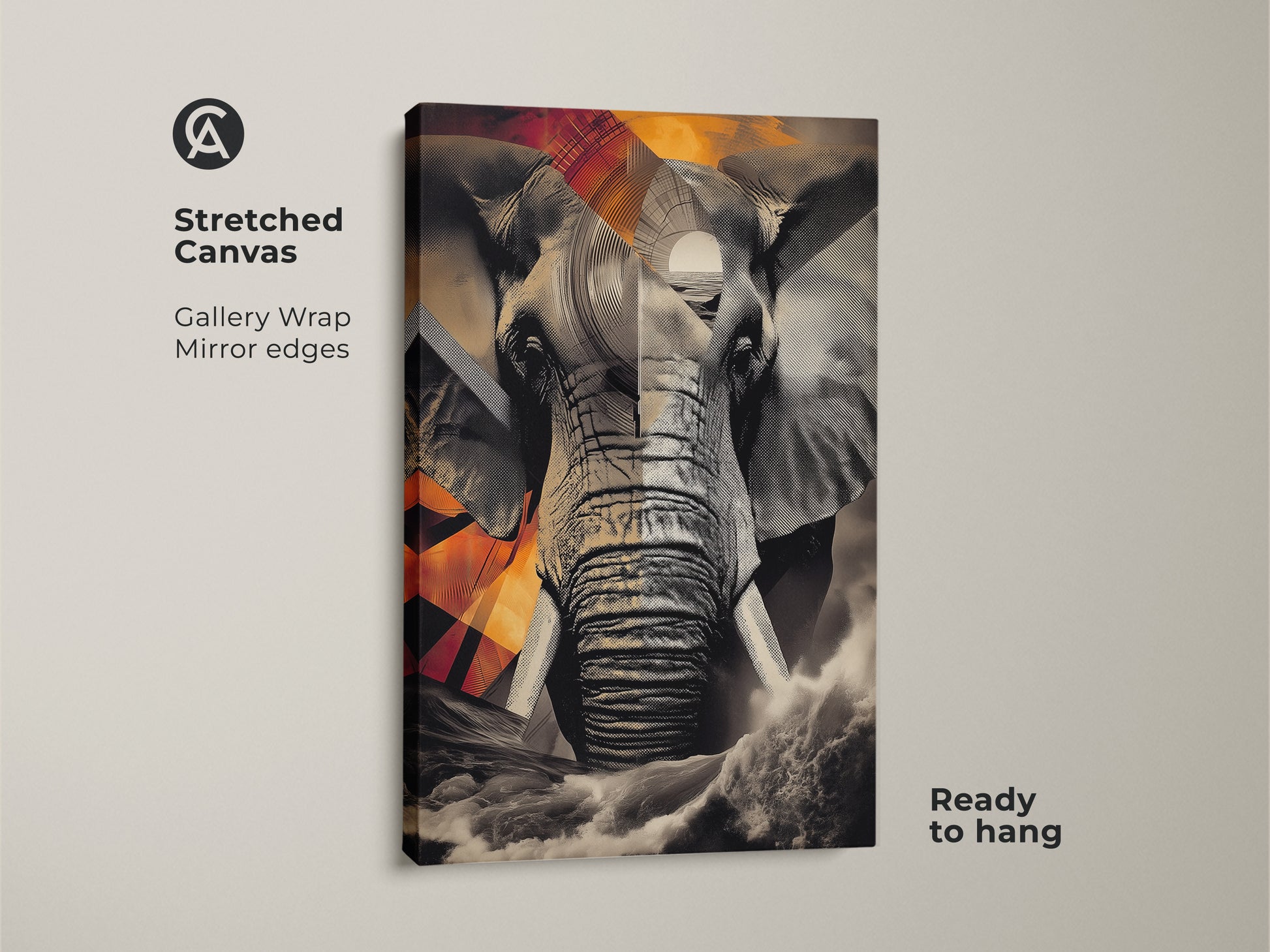 Stretched canvas art print featuring an abstract elephant collage. The gallery wrap with mirror edges ensures a seamless transition. Ready to hang this geometric animal print brings an eclectic touch to any room. The black and white nature artwork is perfect for animal lovers.