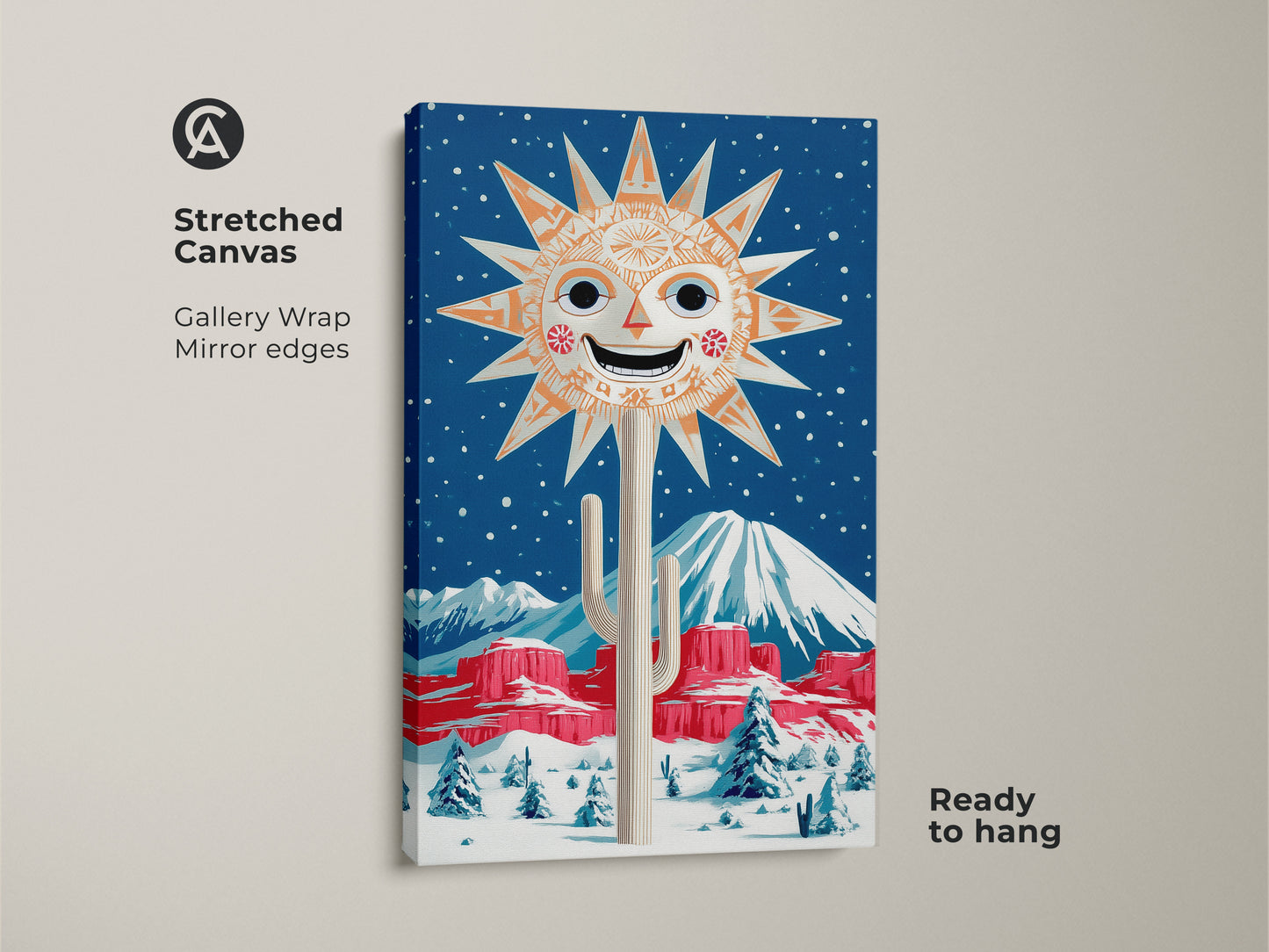 Stretched canvas art showcasing a retro sun artwork in a snowy desert setting. This folk art print is gallery-wrapped with mirrored edges and ready to hang. The orange and blue wall decor adds an eclectic touch. This desert cactus art print makes a unique housewarming gift.