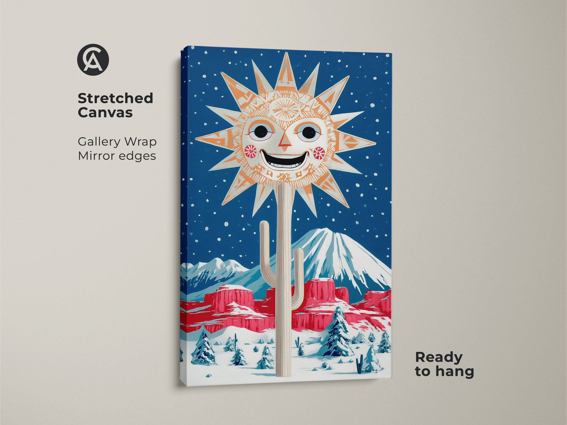 Stretched canvas art showcasing a retro sun artwork in a snowy desert setting. This folk art print is gallery-wrapped with mirrored edges and ready to hang. The orange and blue wall decor adds an eclectic touch. This desert cactus art print makes a unique housewarming gift.