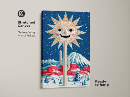 Stretched canvas art showcasing a retro sun artwork in a snowy desert setting. This folk art print is gallery-wrapped with mirrored edges and ready to hang. The orange and blue wall decor adds an eclectic touch. This desert cactus art print makes a unique housewarming gift.