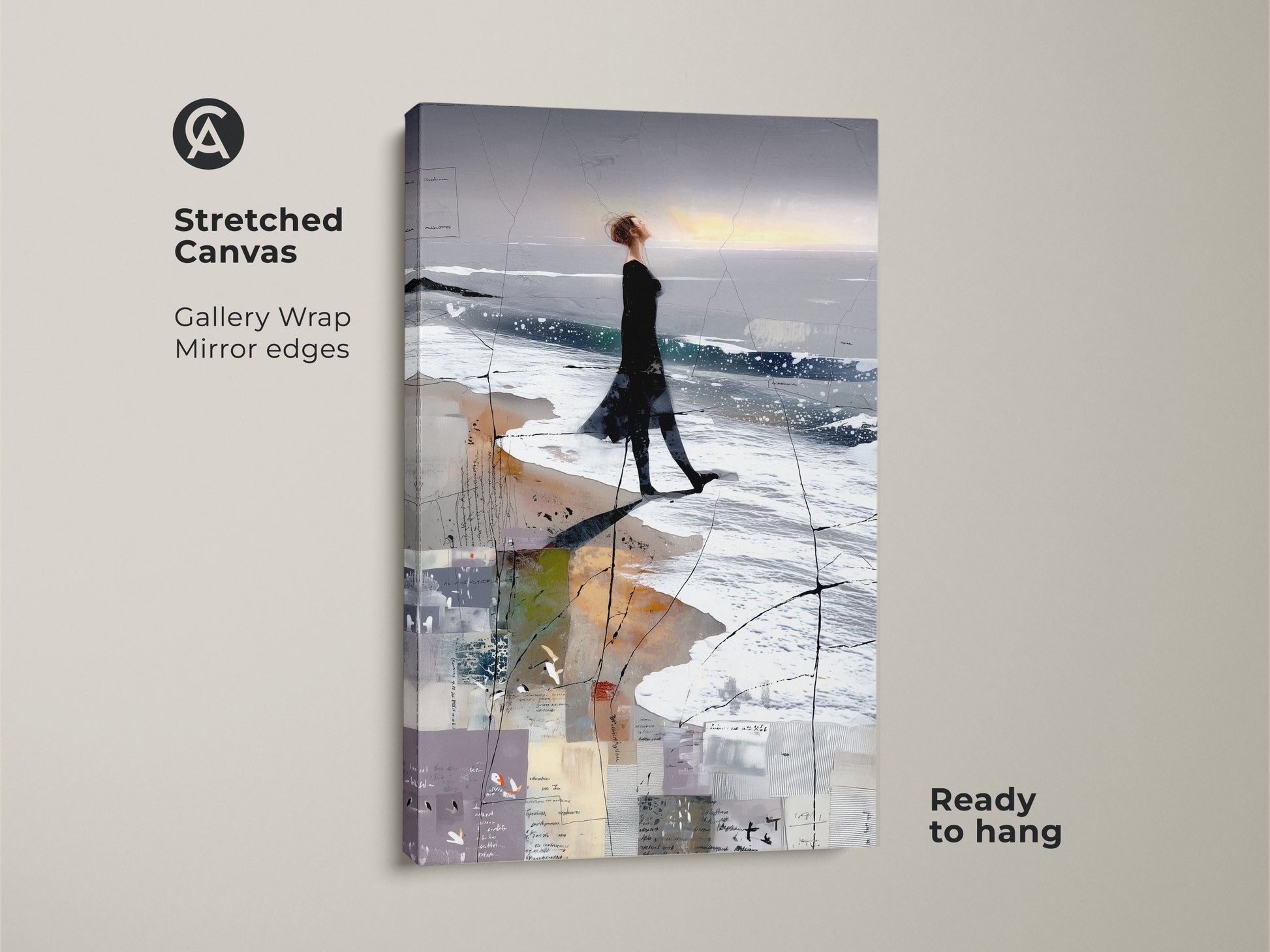 Stretched Canvas abstract woman beach art print. Gallery wrapped mirror edges. Ready to hang. Features a coastal figure study canvas. Blue grey white wall art for contemporary bedroom decor.