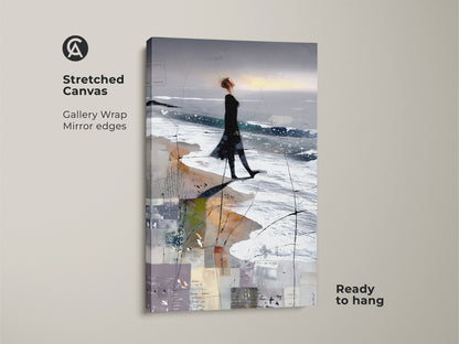 Stretched Canvas abstract woman beach art print. Gallery wrapped mirror edges. Ready to hang. Features a coastal figure study canvas. Blue grey white wall art for contemporary bedroom decor.