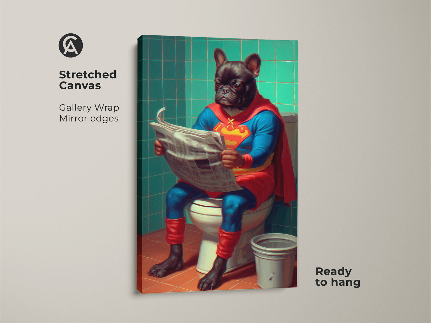Showcasing a stretched canvas gallery wrap of the French Bulldog superhero art. The eclectic bathroom wall art features mirror edges. Ready to hang this quirky animal art brings a fun surreal touch to any room. Makes a great birthday gift for dog owners with a humorous side