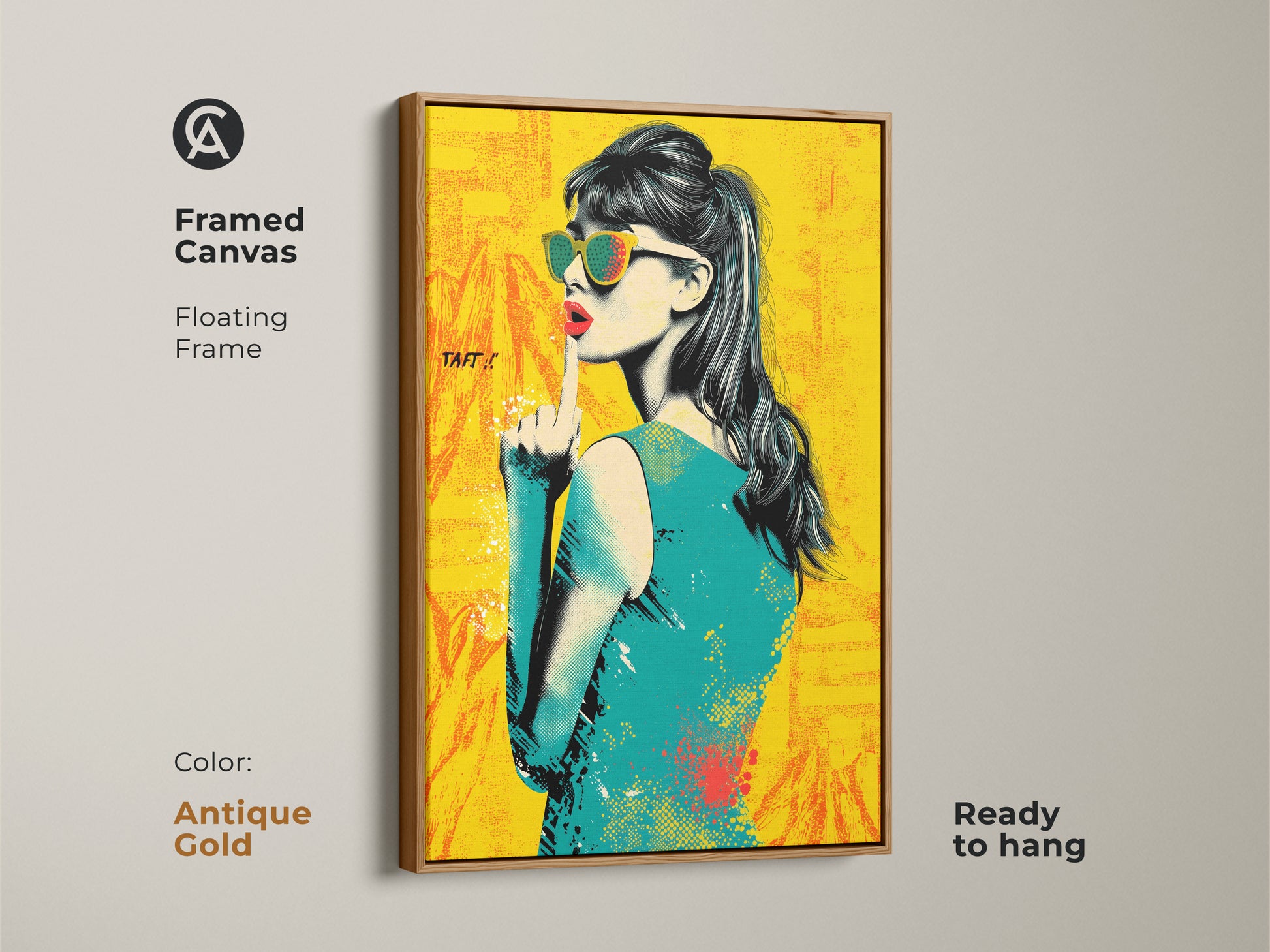 Framed canvas of a pop art woman. It features an antique gold floating frame and is ready to hang. This statement art print showcases retro sunglasses. The yellow orange and teal canvas adds a pop of color. This artwork enhances any room.