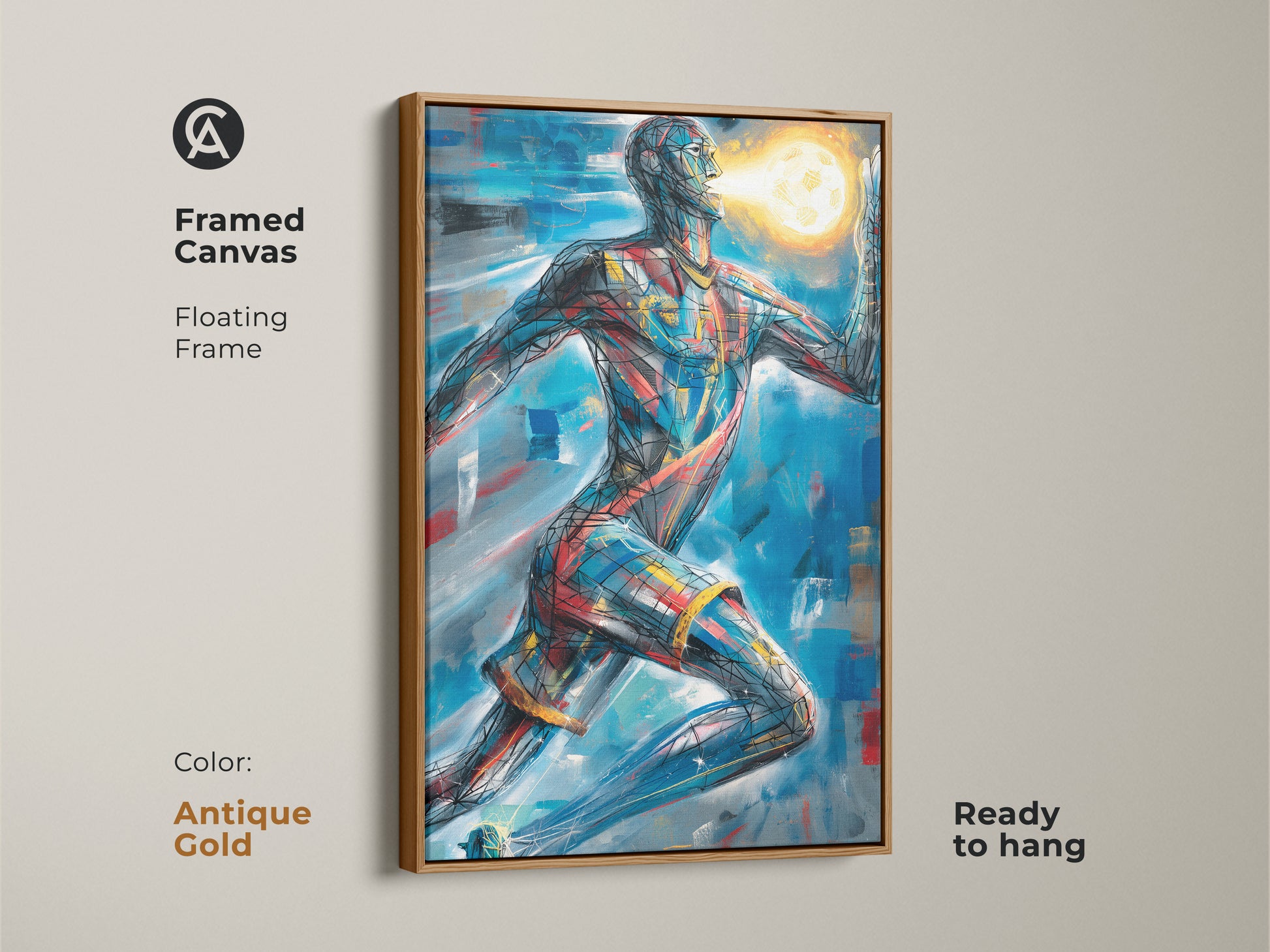 Antique gold frame with an abstract figure print. This framed canvas is ready to hang. The artwork is a colorful piece. Add a sports fan gift canvas to your home. This unique wall decor is motivational art.
