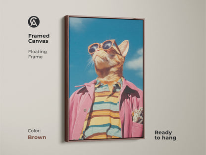 Framed canvas art featuring a cat in a pink jacket and sunglasses with a brown floating frame. This cat artwork is ready to hang. Perfect for adding a touch of whimsy to your space. This framed art enhances any room's aesthetic.