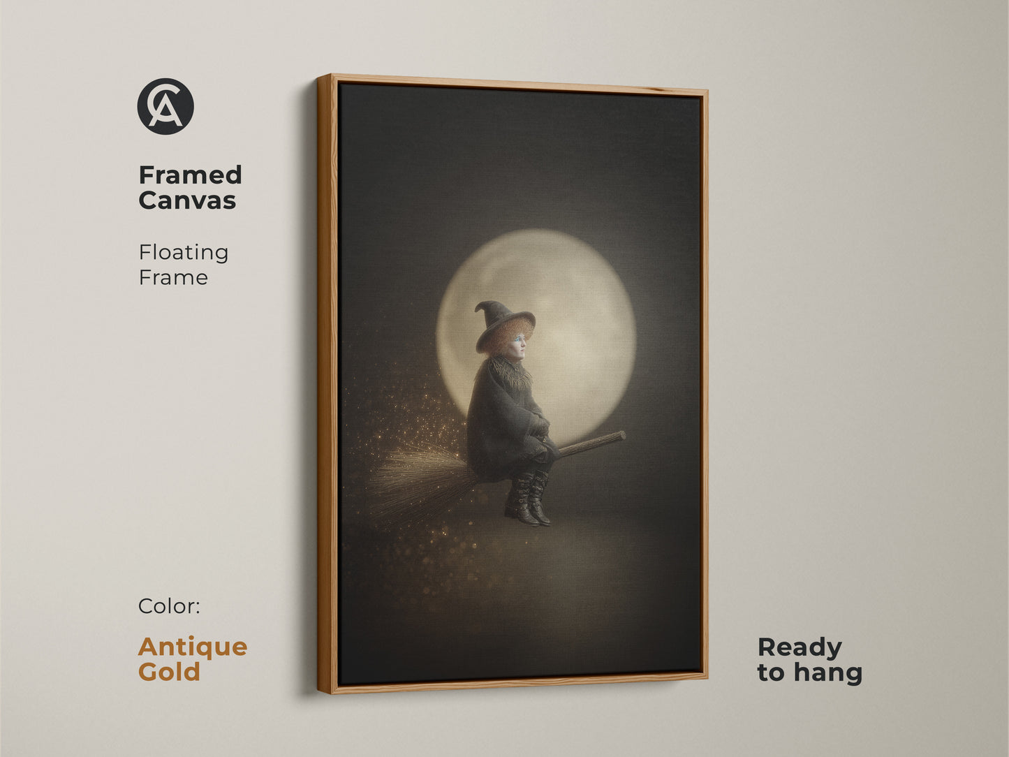 Framed canvas of a witch on a broomstick art with a floating antique gold frame. Gothic moon wall decor in a black and gold palette. Ready to hang for easy display. Perfect eclectic witchy decor for Halloween enthusiasts. This dark academia wall art adds a touch of fantasy.