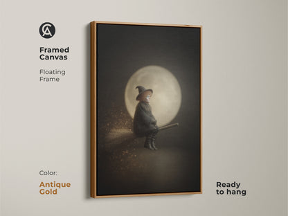 Framed canvas of a witch on a broomstick art with a floating antique gold frame. Gothic moon wall decor in a black and gold palette. Ready to hang for easy display. Perfect eclectic witchy decor for Halloween enthusiasts. This dark academia wall art adds a touch of fantasy.