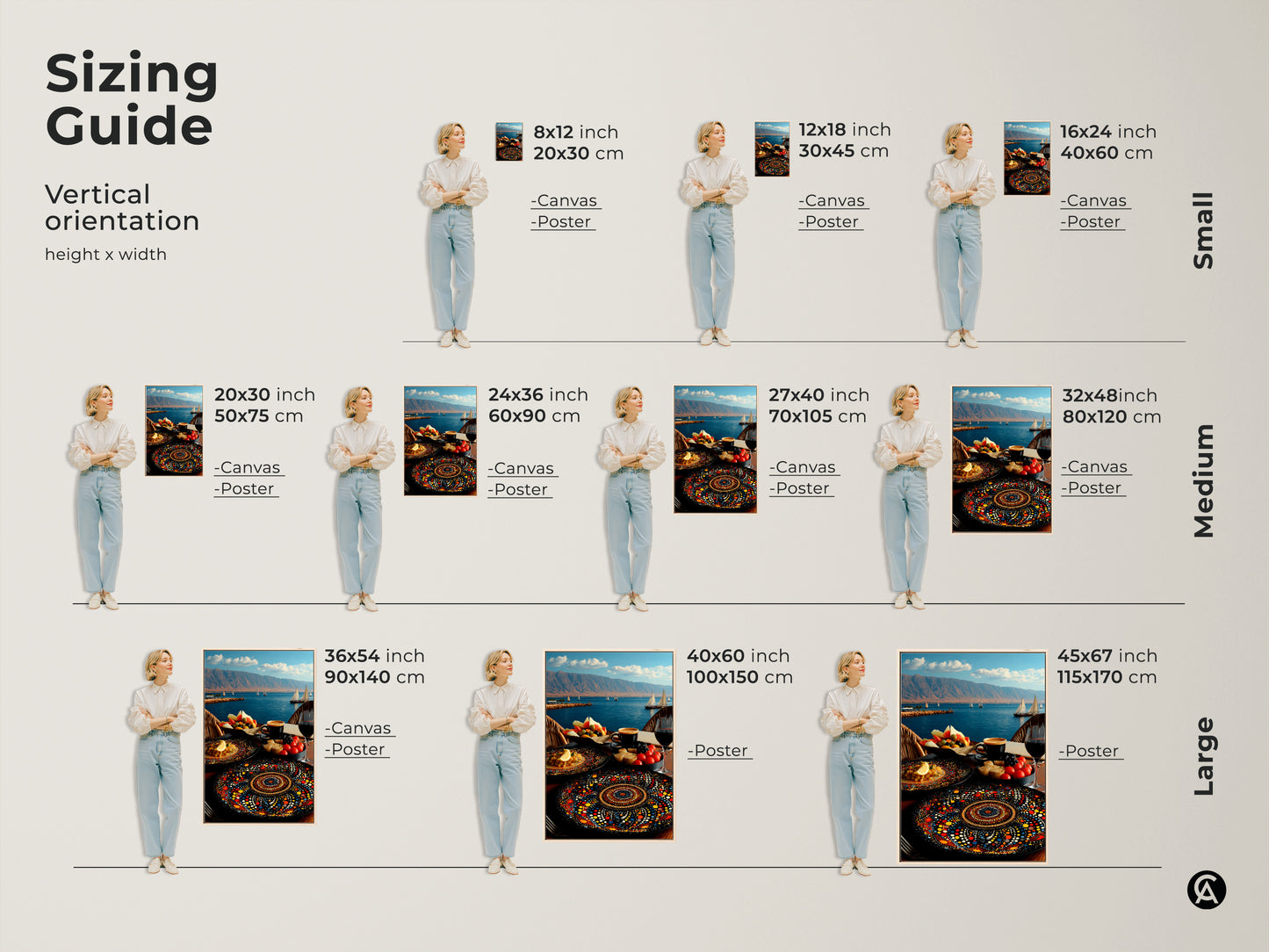 Vertical sizing guide for Mediterranean seascape canvas and poster prints. Visualize small medium and large sizes in 8x12 to 45x67 inches. Folk art style with sailboats and a fruit platter. Ideal for any space from dining rooms to cafes.