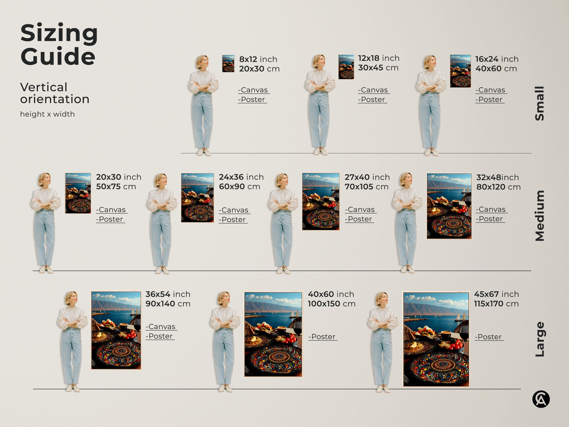 Vertical sizing guide for Mediterranean seascape canvas and poster prints. Visualize small medium and large sizes in 8x12 to 45x67 inches. Folk art style with sailboats and a fruit platter. Ideal for any space from dining rooms to cafes.