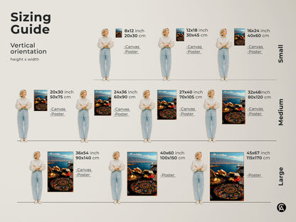 Vertical sizing guide for Mediterranean seascape canvas and poster prints. Visualize small medium and large sizes in 8x12 to 45x67 inches. Folk art style with sailboats and a fruit platter. Ideal for any space from dining rooms to cafes.