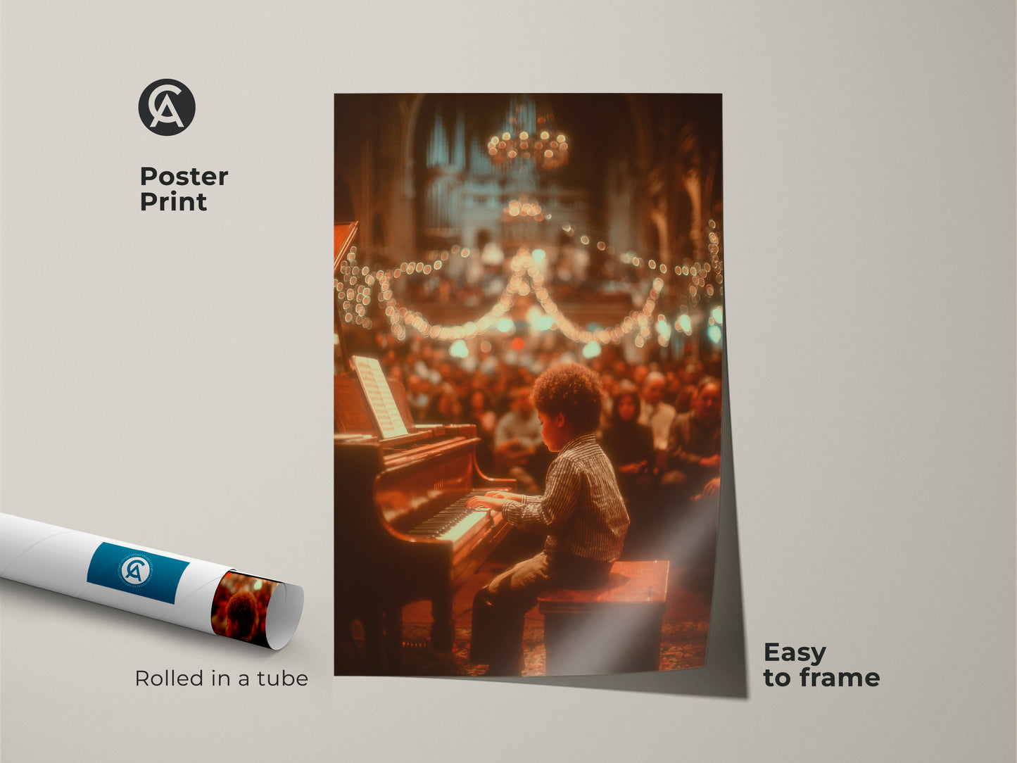 This is a poster print of a young boy playing piano. The artwork comes rolled in a tube and is easy to frame. It's printed on museum-quality paper. A great art piece for any music room or studio.